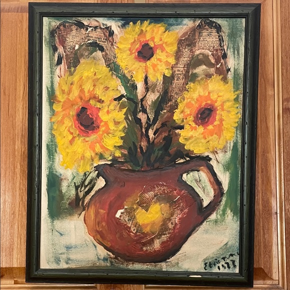 Roger Etienne Other - Sunflower Art Mixed Media Painting in Dark Green Frame ~ Etienne 1973 Rare art